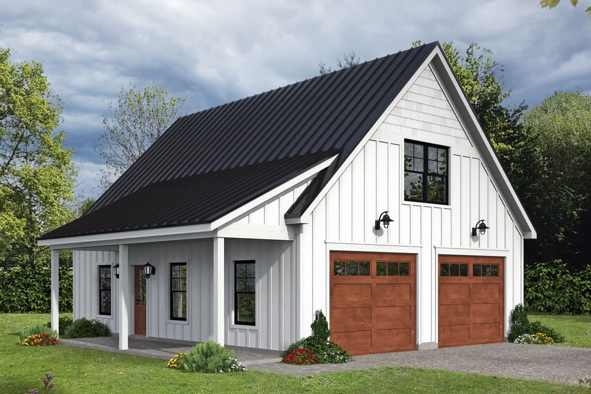House plan exterior. Two-story Modern Farmhouse with a gabled roof, a porch, board-and-batten siding, and a two-car garage.