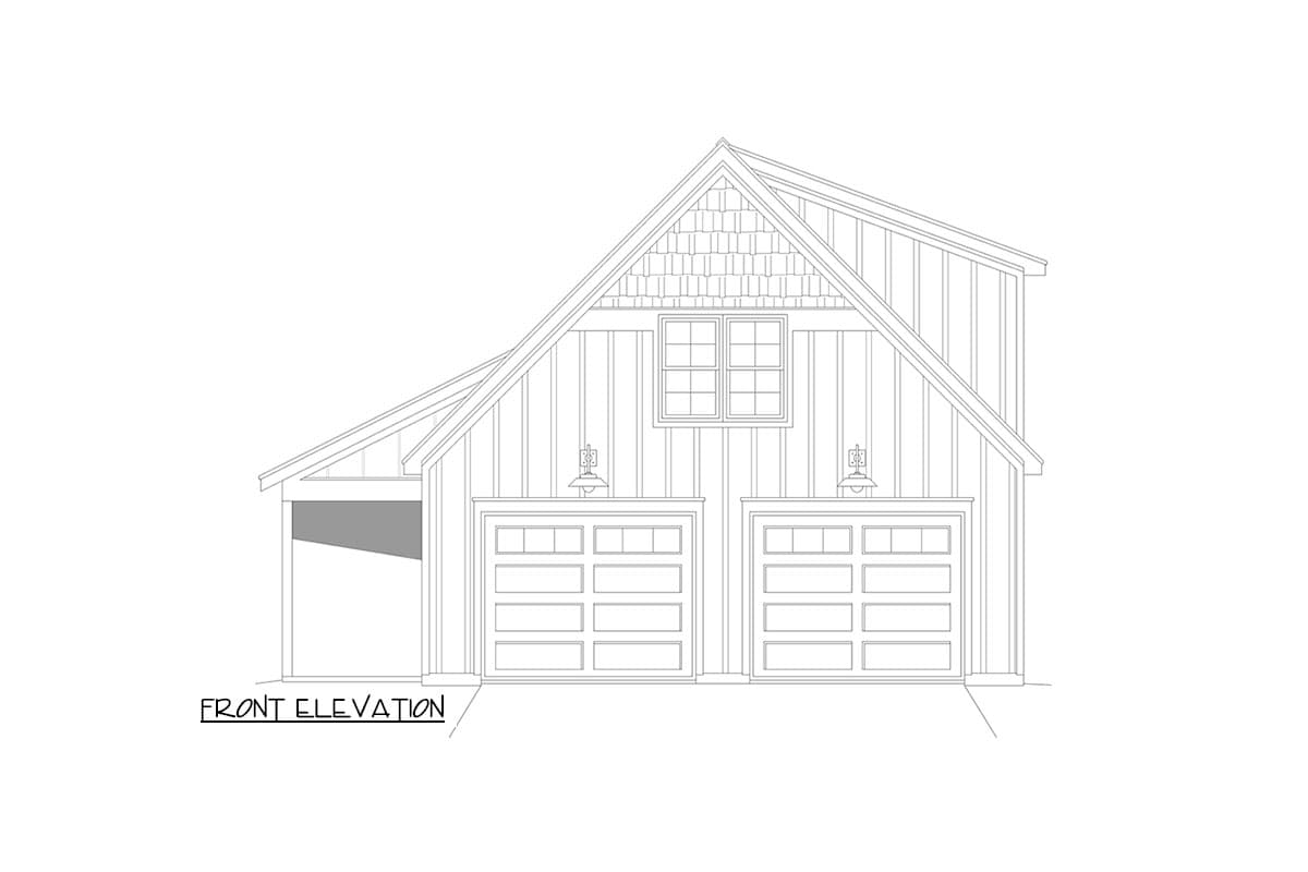 Front elevation drawing of a house with a steep gable roof, vertical siding, two garage doors, and a dormer window.