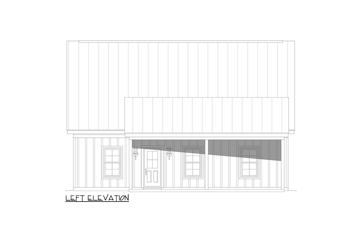 Left elevation house plan: Gable roof, central door, porch with two windows, and two flanking windows.