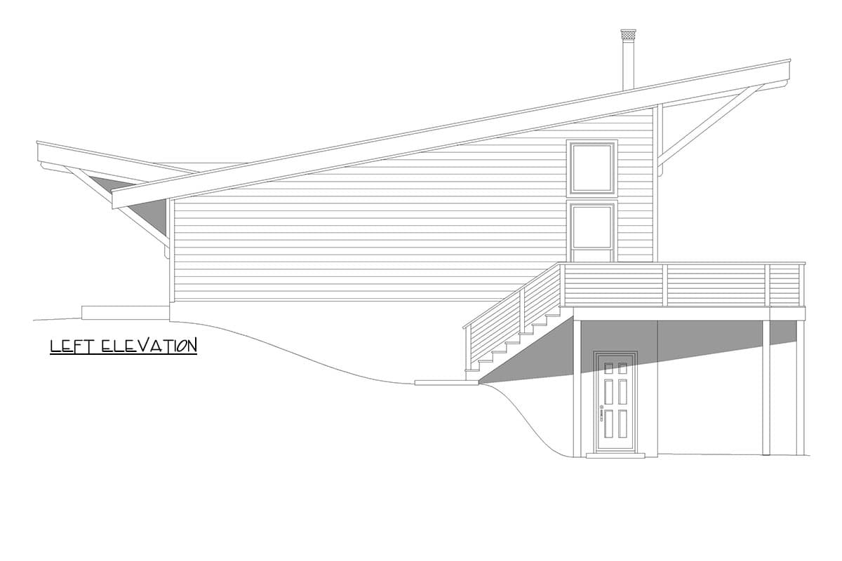 Left elevation drawing of a house plan featuring a mono-pitched roof, horizontal siding, deck, and a lower-level entry door.