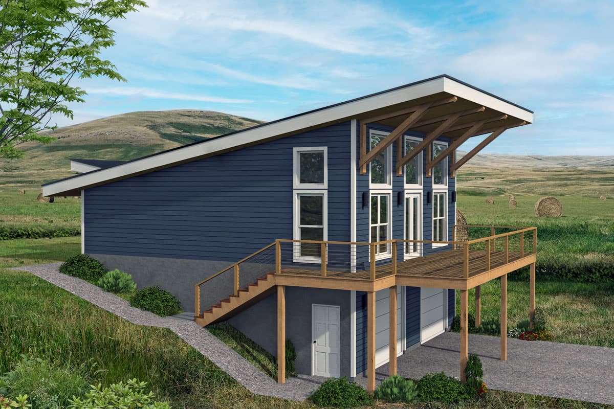 House plan exterior. Two-story Modern house with a low-slung roof, exposed beams, and a deck with stairs. Includes a garage.