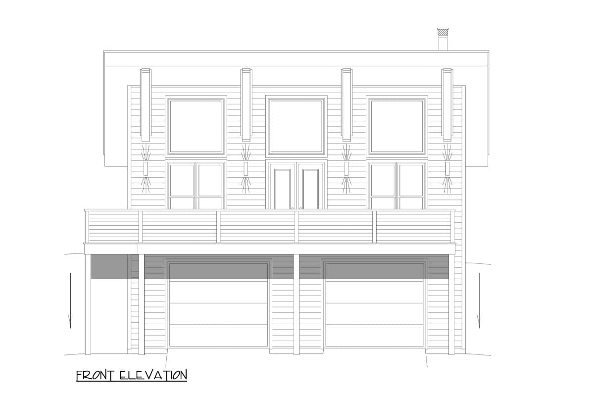 Front elevation house plan showing two stories, two garages, a balcony, and three sets of square windows.
