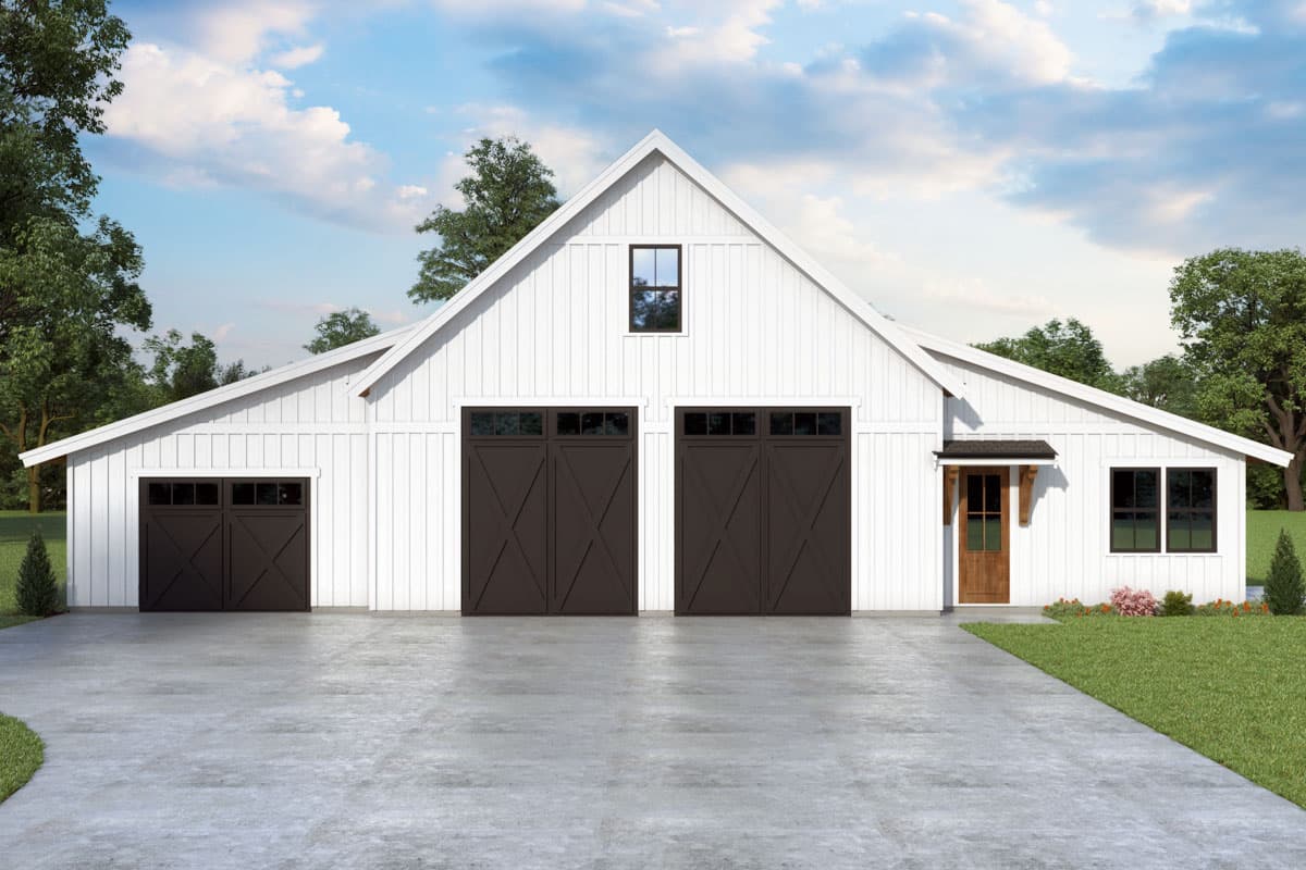 House plan exterior. Two-story Modern Farmhouse with a gable roof, cross-buck garage doors, and a small entry porch.