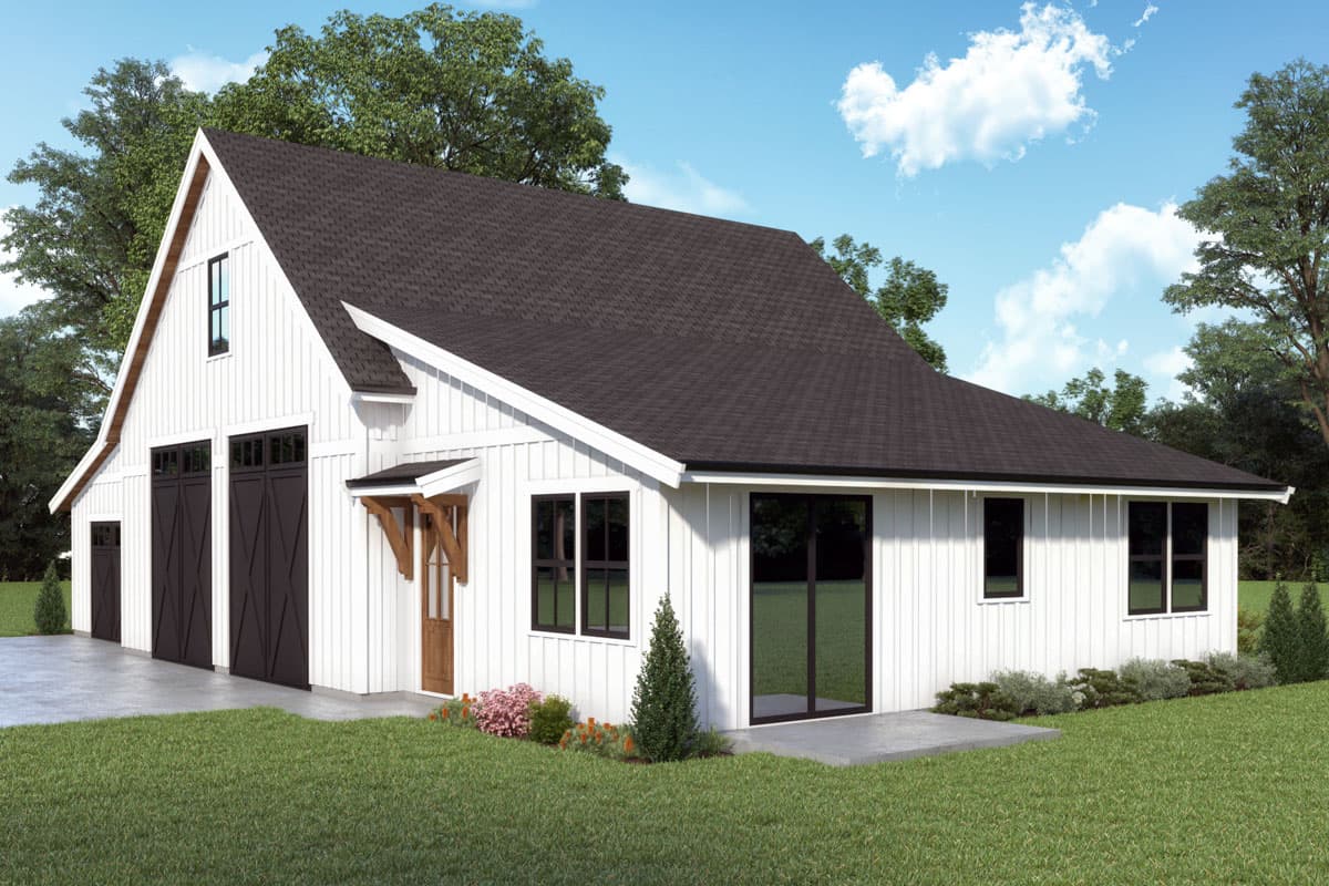 House plan exterior: Modern Farmhouse style, two-car garage with double doors, dormer, gable roof, and white board-and-batten siding.