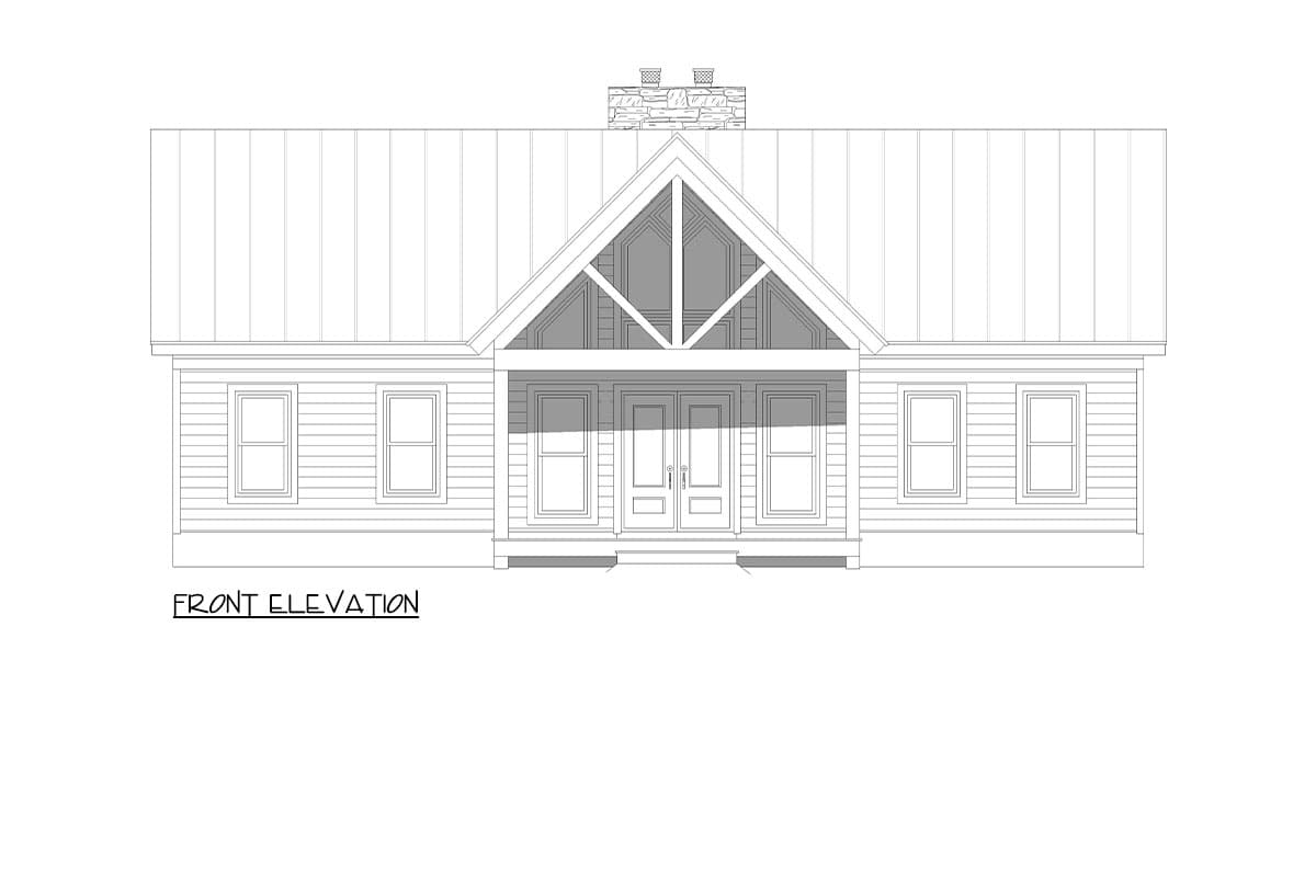 Front elevation drawing of a single-story house with a gabled entry porch, double front doors, and a stone chimney.