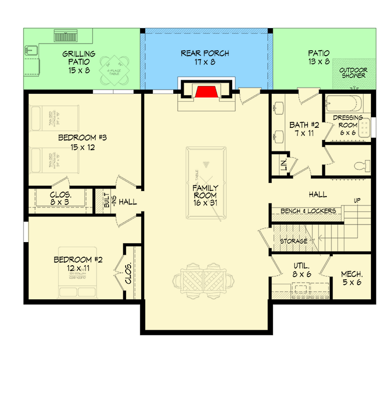 Plan 680381VR: Lake House Plan with Master on Main and Huge C-Shaped Kitchen - 2714 Sq Ft - Floor Plan - Lower Level - Country, Craftsman, Mountain, Ranch