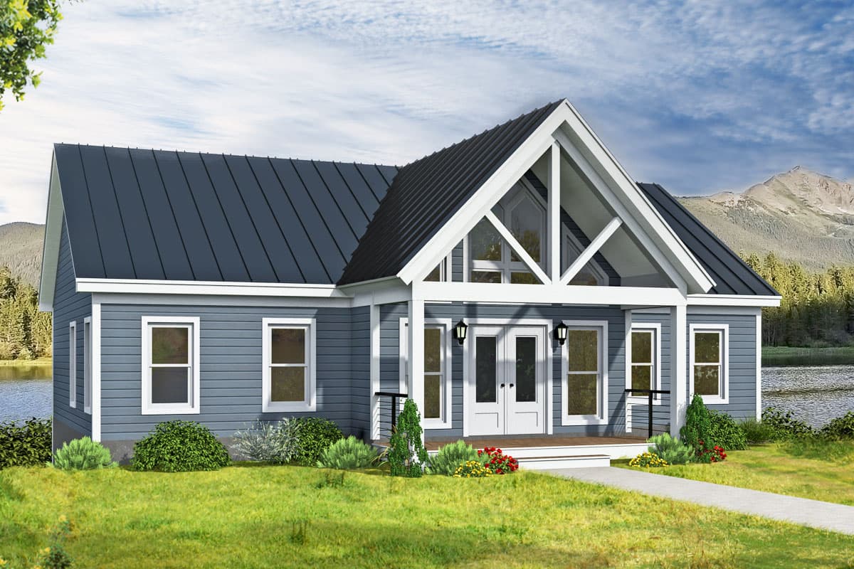 House plan exterior. One-story house with gabled roof, front porch, and large triangular window above double doors. Horizontal siding.