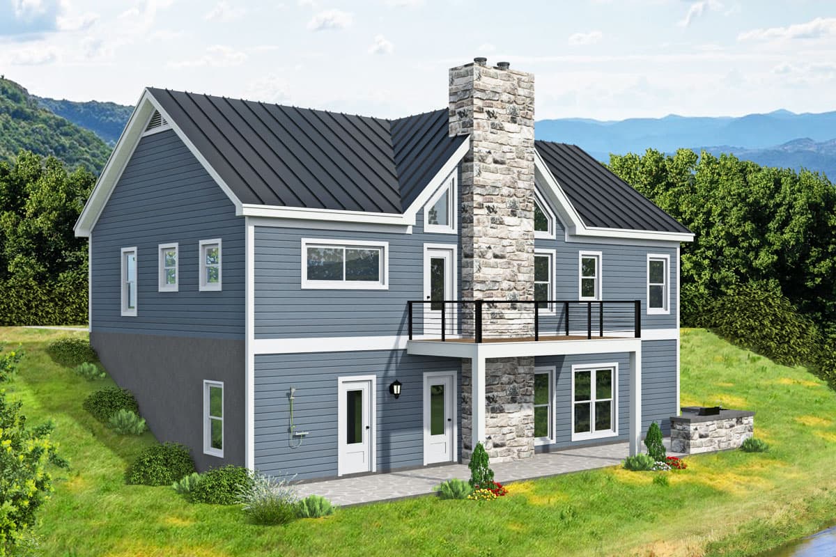 Two-story house plan exterior with blue siding, metal roof, prominent stone chimney, and upper-level balcony.