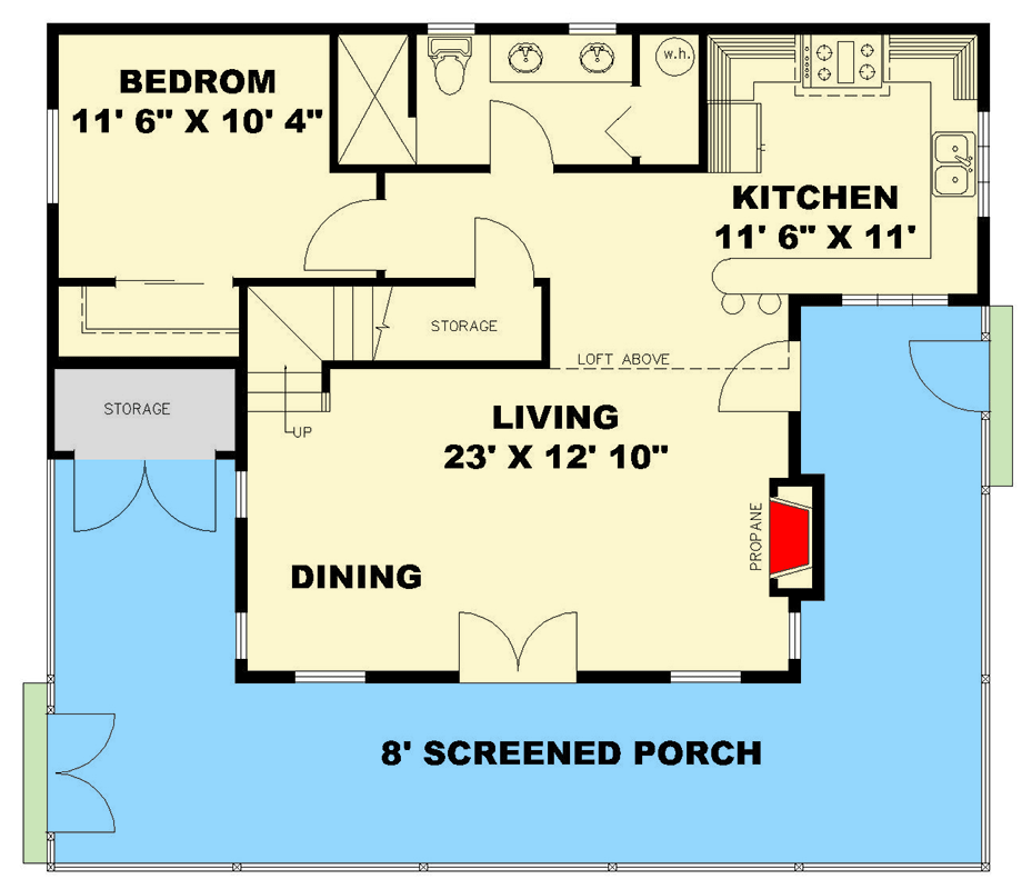 Plan 350080GH: Country Cabin with Wraparound Porch and Loft - 1227 Sq Ft - Floor Plan - Main Level - Cabin, Cottage, Country, Mountain