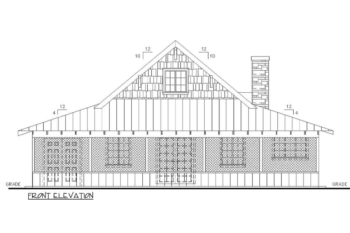 Front elevation drawing showing a house plan with a prominent gable, dormer window, shingle siding, and a stone chimney.