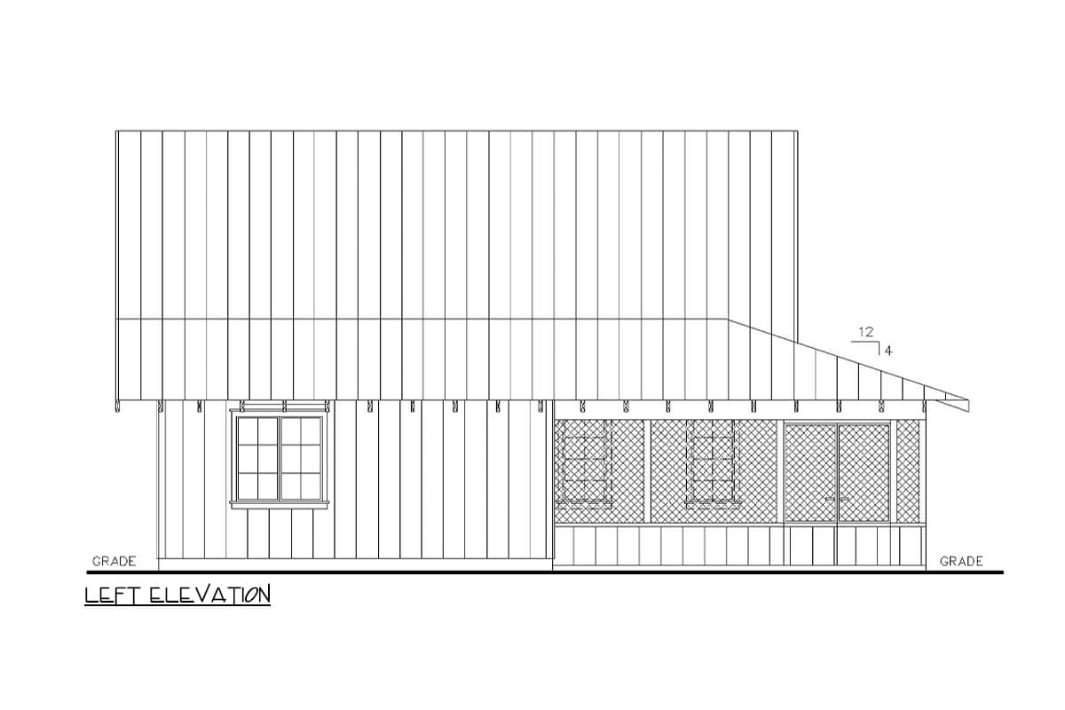 Left elevation drawing of a house plan, showing a single window, a screened porch, and a shed roof.