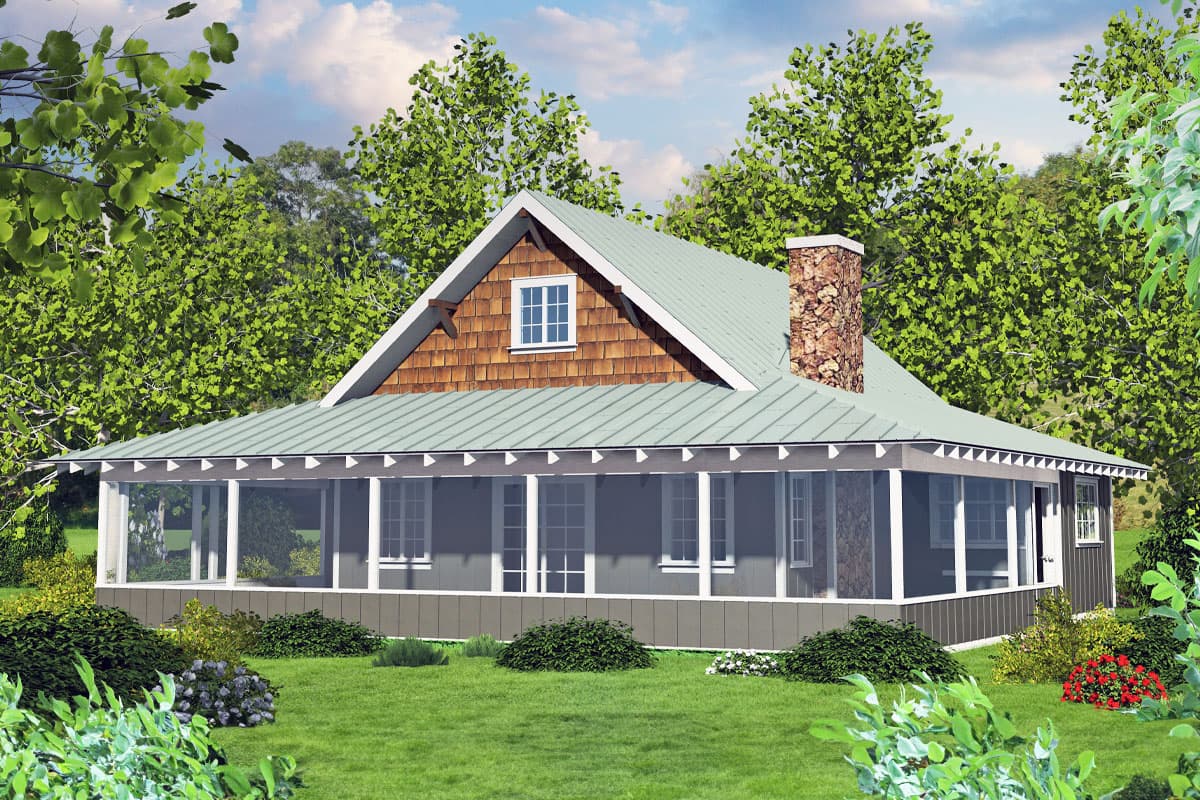 House plan exterior with a single story, Craftsman style with a screened porch, stone chimney, and gable roof with dormer.