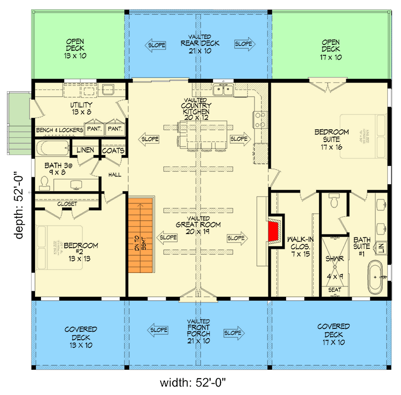 Plan 680382VR: Lake House Plan Vaulted Front To Back with Lower Level Expansion - 1664 Sq Ft - Floor Plan - Main Level - Country, Mountain, Ranch
