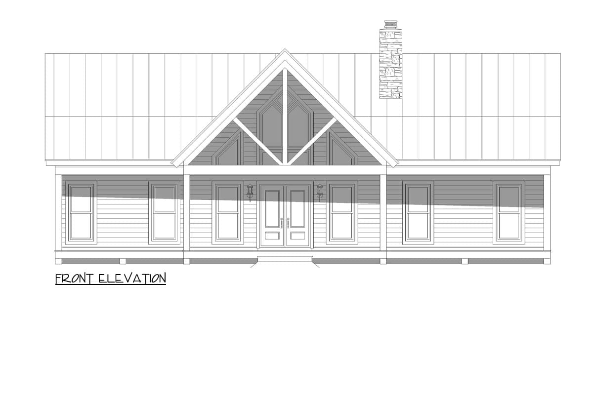 Front elevation of a house plan featuring a gabled roof, stone chimney, and a covered porch with double doors.