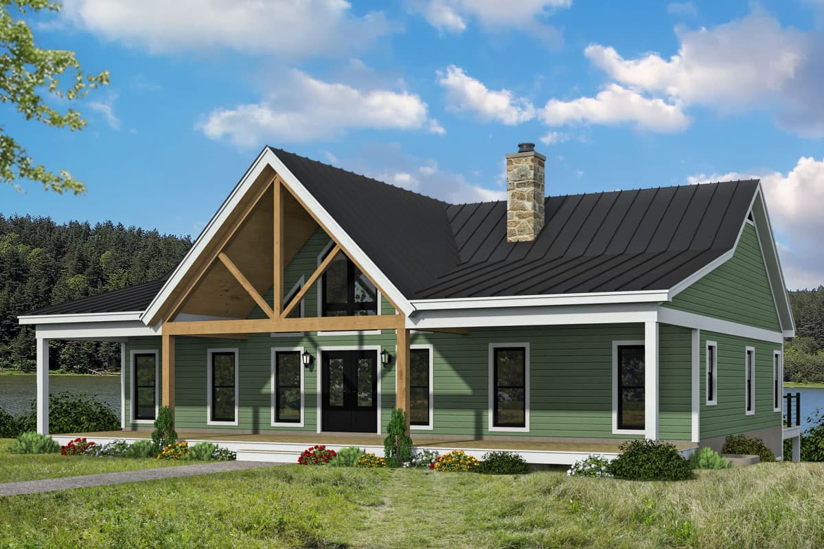 House plan exterior with Craftsman-style elements. Features include a front porch, gabled roof, exposed wood beams, and a stone chimney.