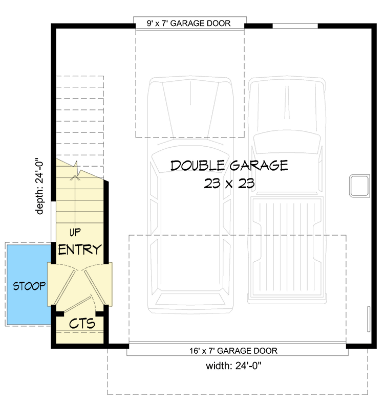 Plan 680383VR: 2 Car Detached Garage with 2 Bedrooms Above - 623 Sq Ft - Floor Plan - Main Level - Barndominium, Country, Mountain, Rustic
