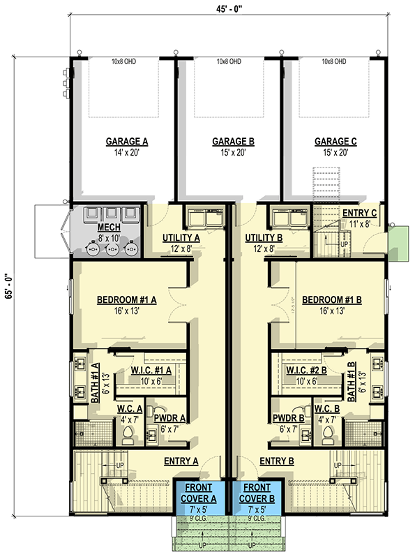 Plan 307709RAD: 3-Story Modern Triplex House Plan with 2 Beds For Each Unit - 6615 Sq Ft - Floor Plan - Main Level - Contemporary, Modern