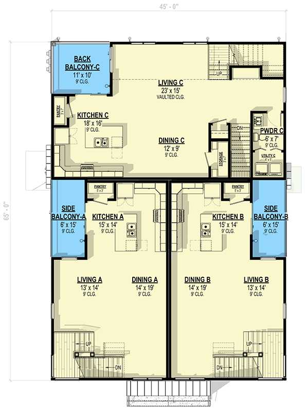 Plan 307709RAD: 3-Story Modern Triplex House Plan with 2 Beds For Each Unit - 6615 Sq Ft - Floor Plan - 2nd Floor - Contemporary, Modern