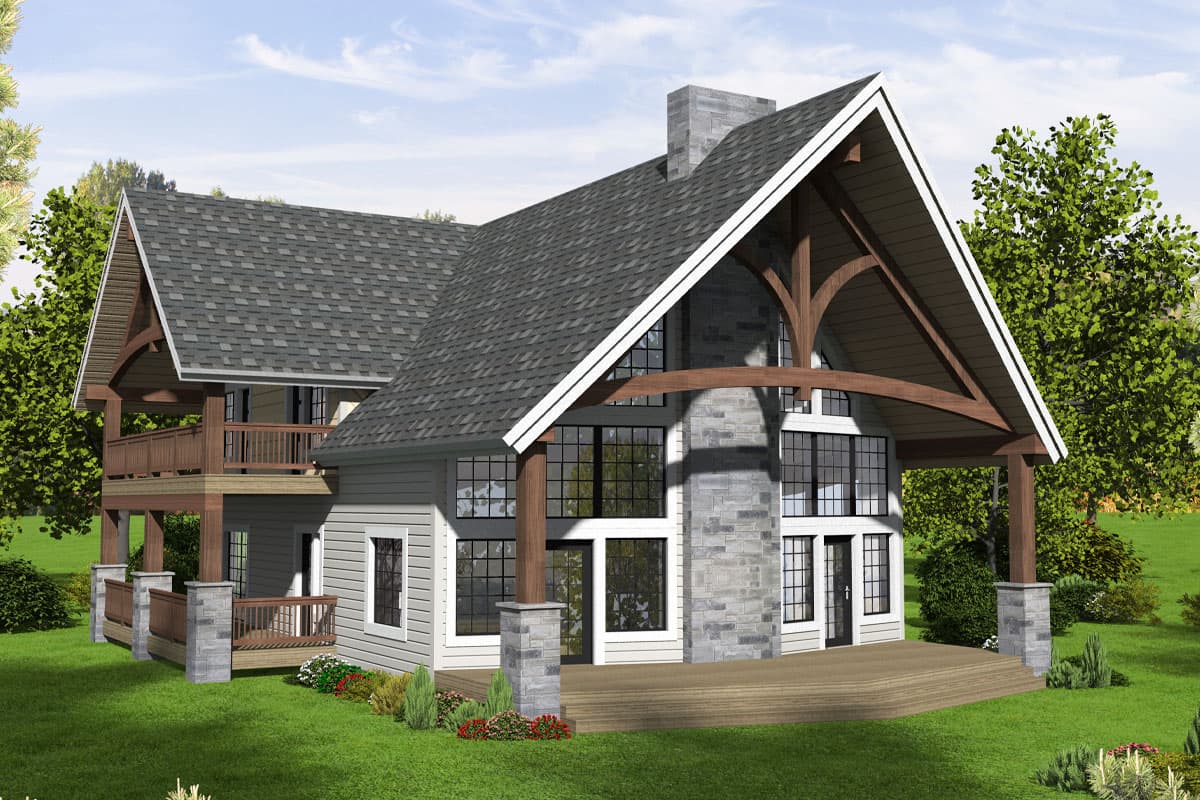 House plan exterior with two stories, a gabled roof, timber frame detailing, and a multi-level deck with a balcony.