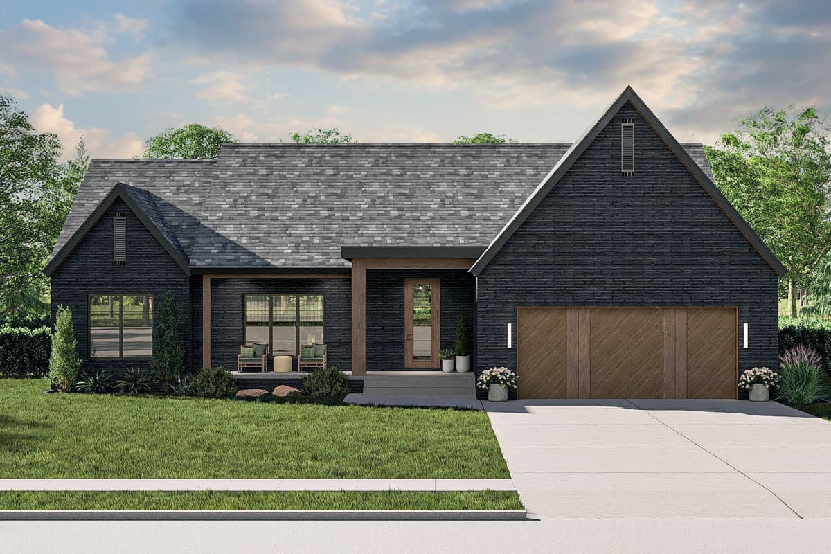 House plan exterior. Modern Farmhouse style with a single story, a gable roof, a covered porch, and a two-car garage with wooden doors.