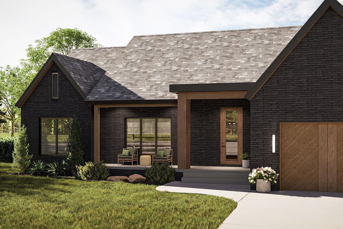 Modern Farmhouse house plan exterior with dark brick, gables, prominent wood beams, and attached garage.