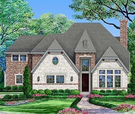 House plan exterior featuring brick and stone facade, multiple gables, a dormer, and a prominent chimney.