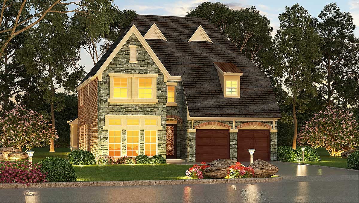 House plan exterior featuring a two-story design with stone and brick facade, arched garage doors, and dormer windows.