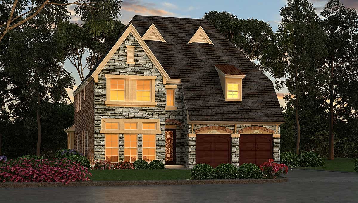 House plan exterior: two-story home with stone and brick facade, prominent gables, dormer window, and a double garage.