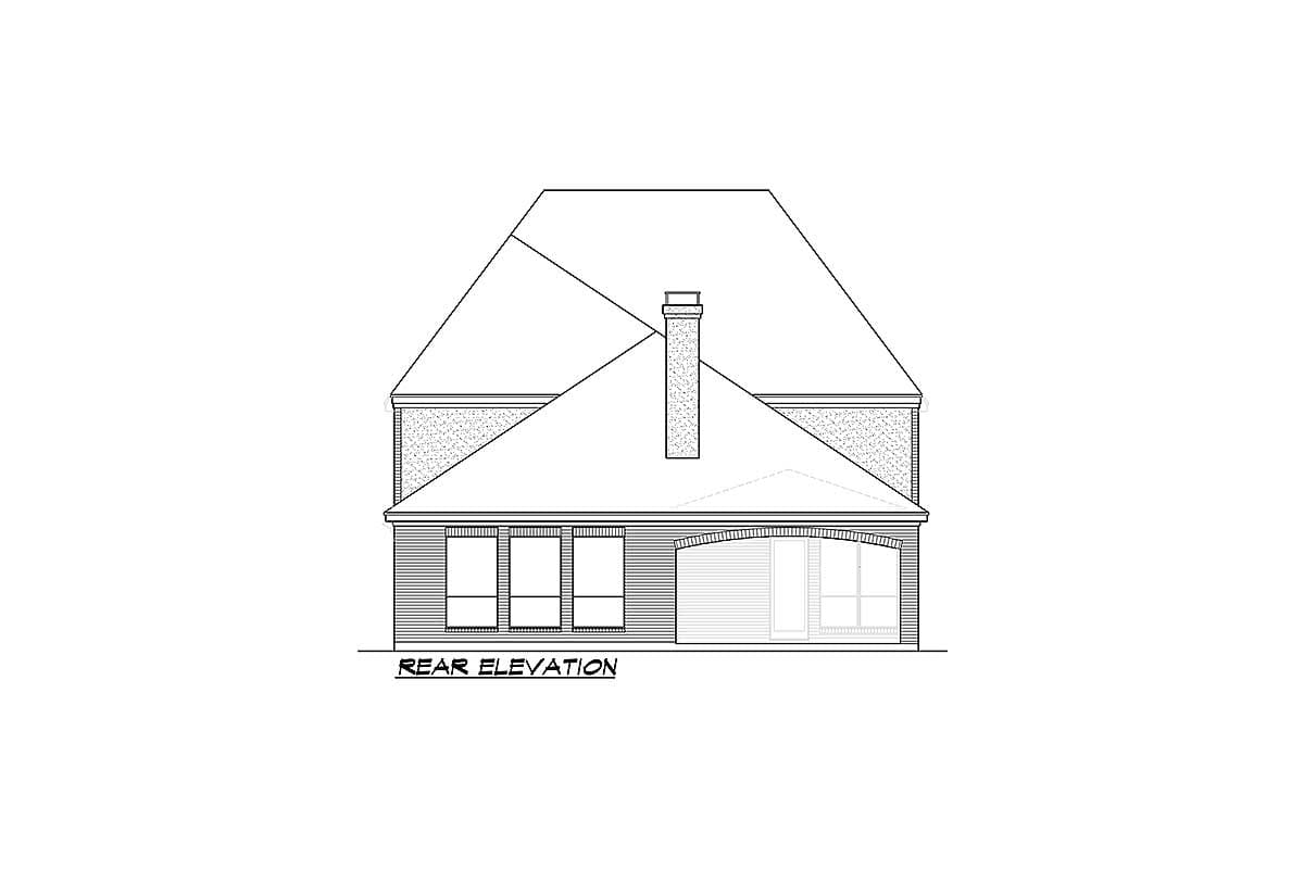 Rear elevation drawing of a house with a prominent hip roof, chimney, and arched entryway.
