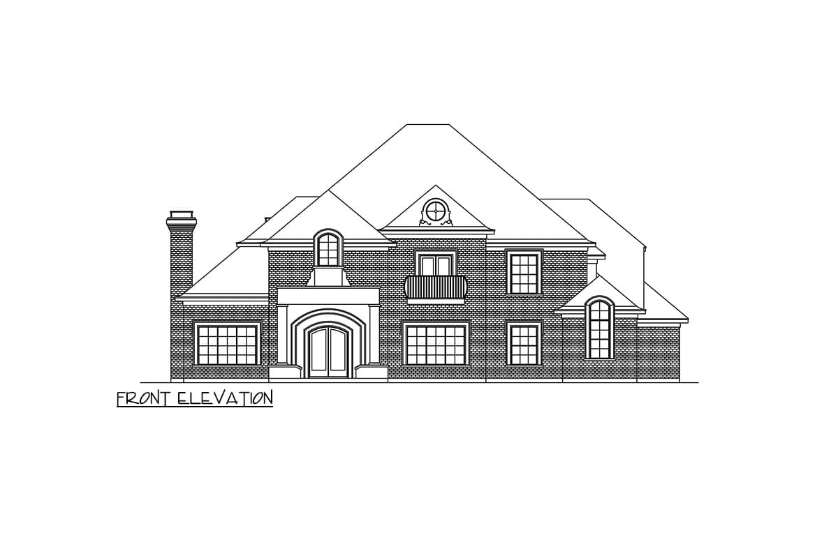 Front elevation drawing of a two-story brick house with a prominent entryway, arched windows, and a hipped roof.