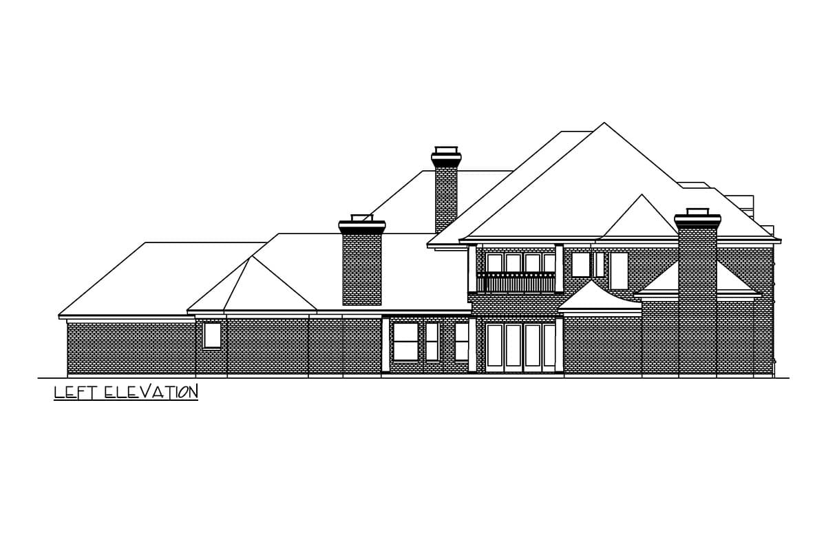 Left elevation house plan showing a two-story brick home with multiple gables, chimneys, a second-story balcony, and large windows.