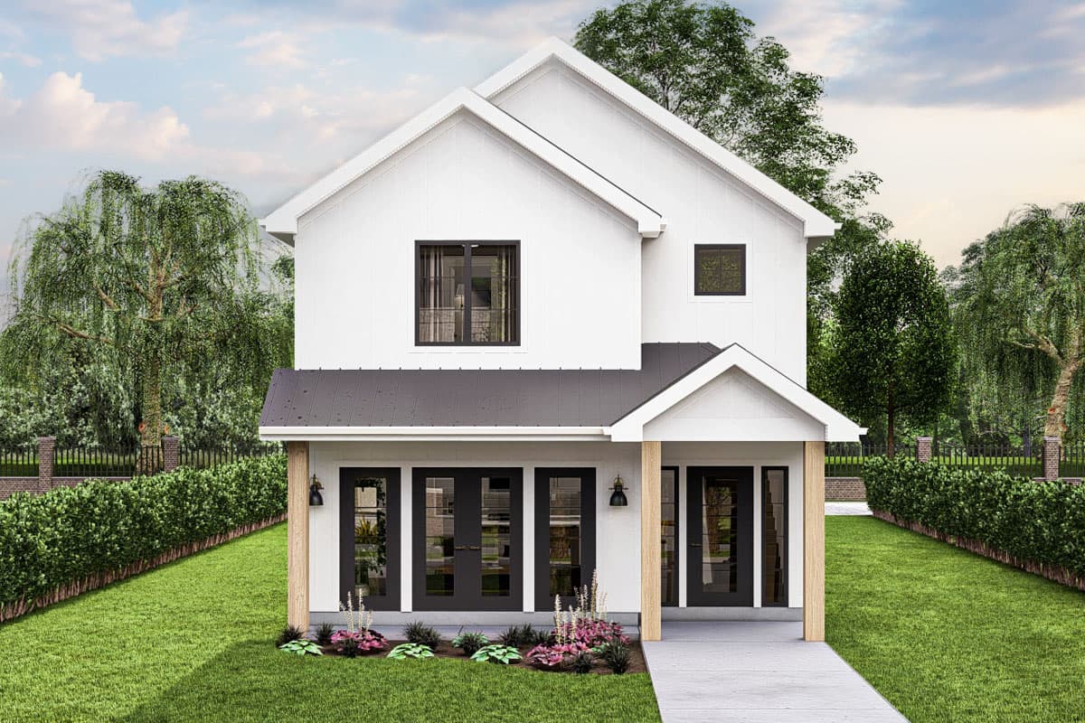 House plan exterior. Two-story Modern Farmhouse with gabled roof, covered porch, and black-framed windows and doors.