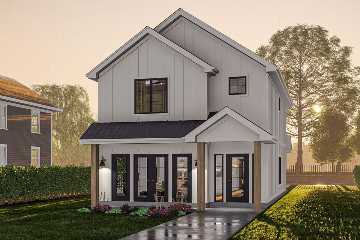 Modern Farmhouse house plan exterior, two stories, board and batten siding, gable roof, metal roof porch, and wood columns.