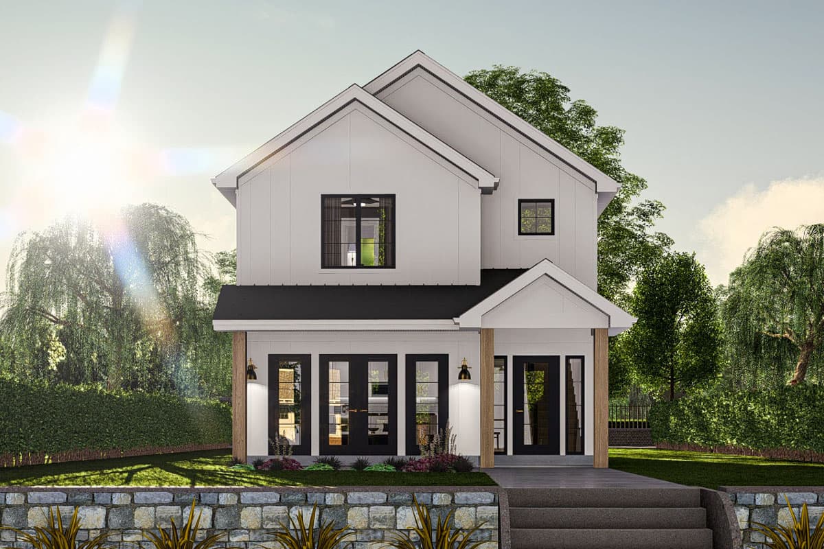 Modern Farmhouse house plan exterior. Two stories, white board-and-batten siding, gables, and a covered front porch with double doors.