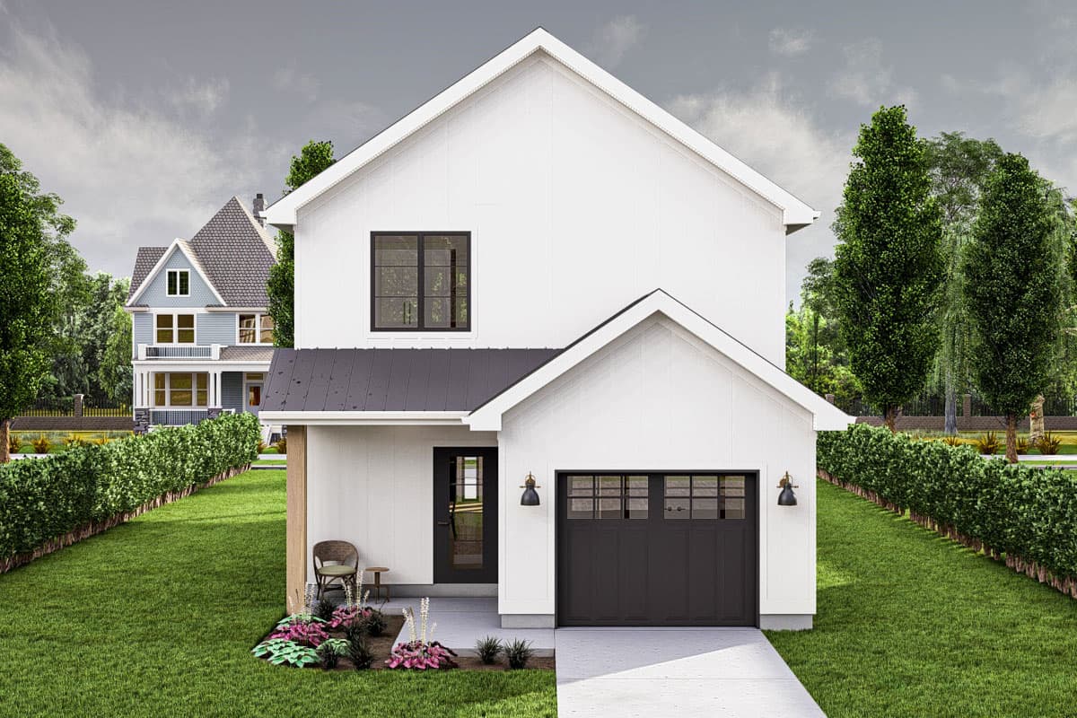 House plan exterior: Modern Farmhouse style, two stories, with a metal roof, gabled dormer, and attached single-car garage.