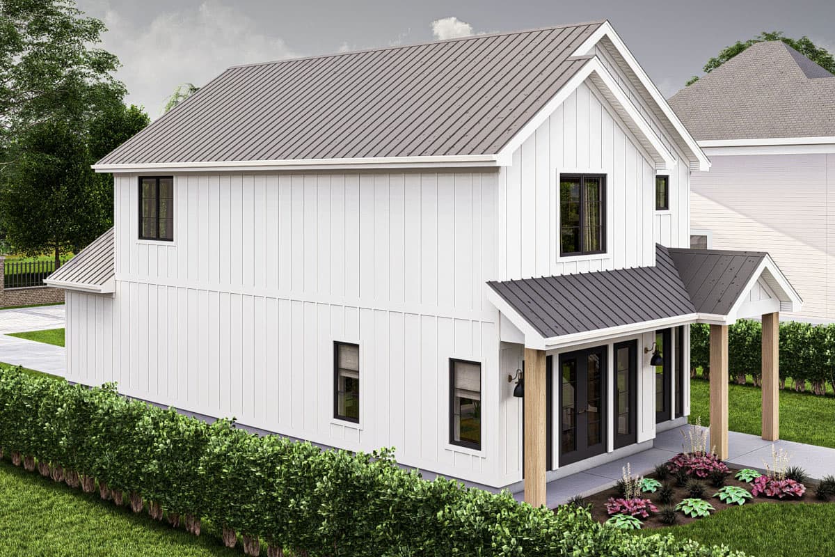 Modern Farmhouse house plan exterior, two stories, white vertical siding, prominent gables, and a covered entry with wood posts.