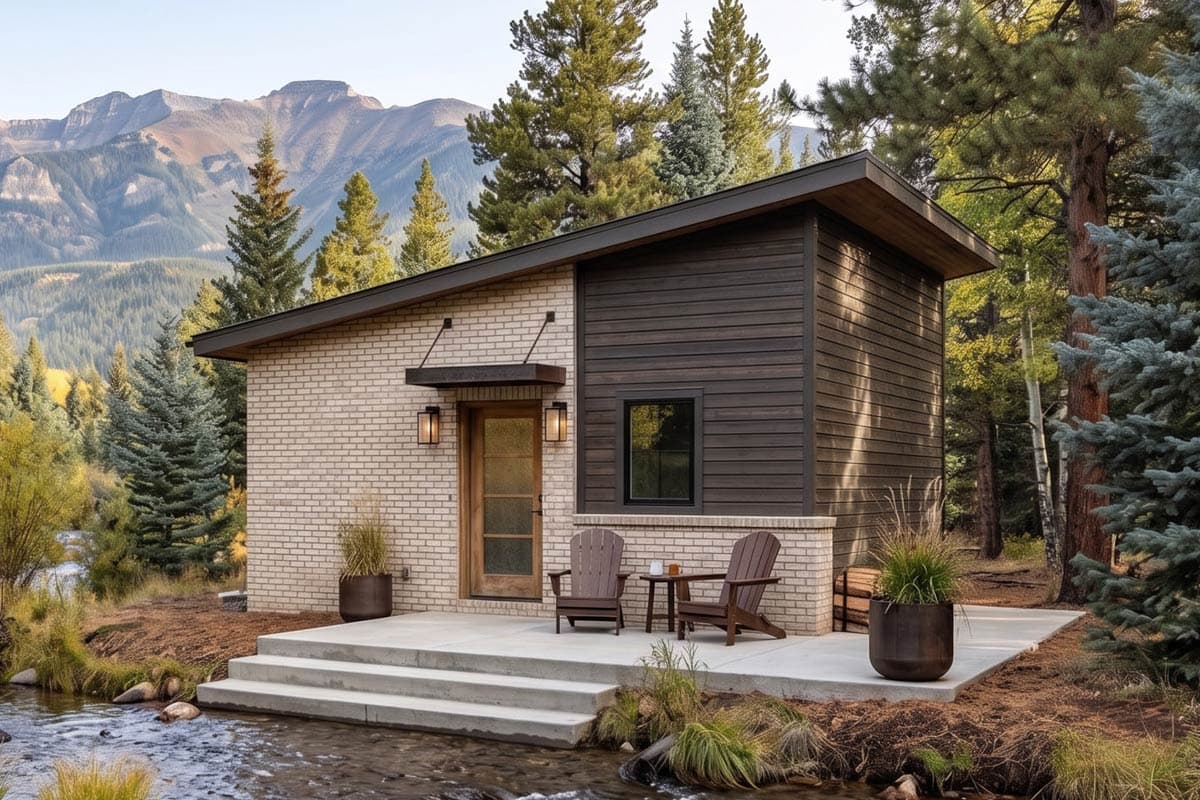 Modern house plan exterior with light brick, dark wood siding, sloped roof, and concrete porch by a stream.