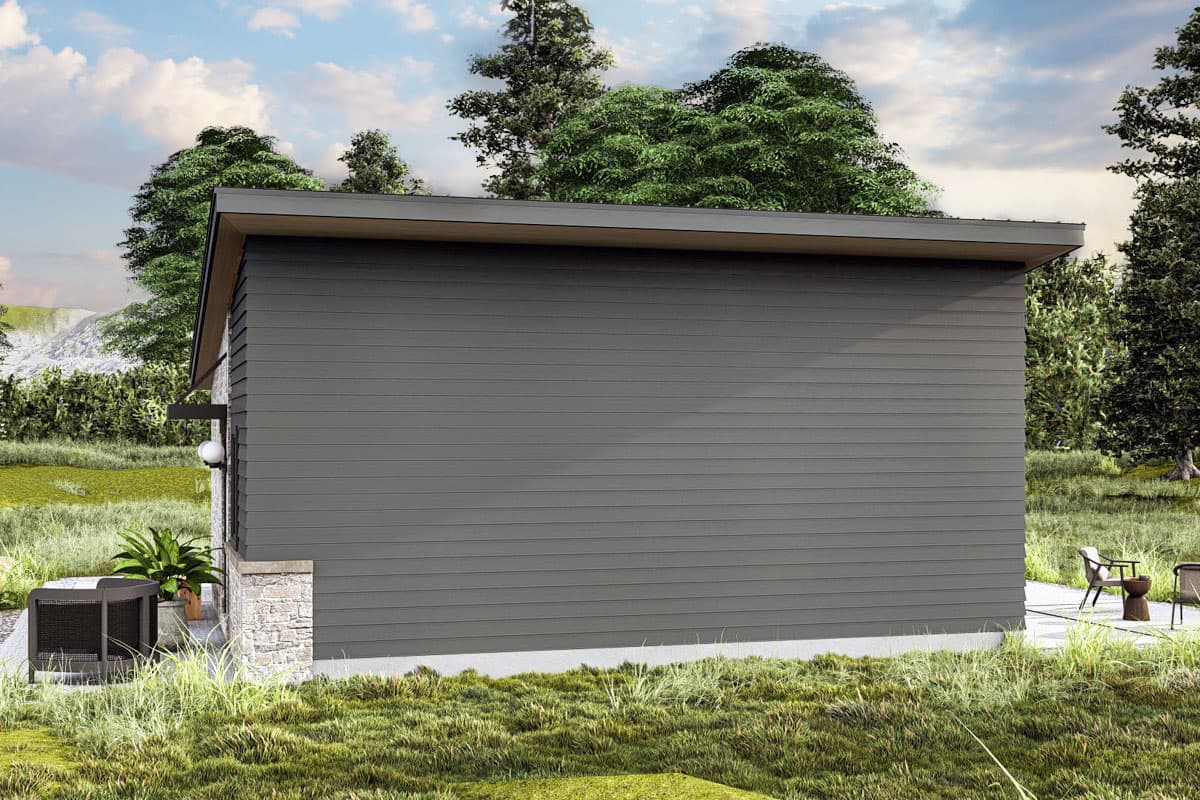 Modern house plan exterior: one story, horizontal siding, stone base, flat roof.