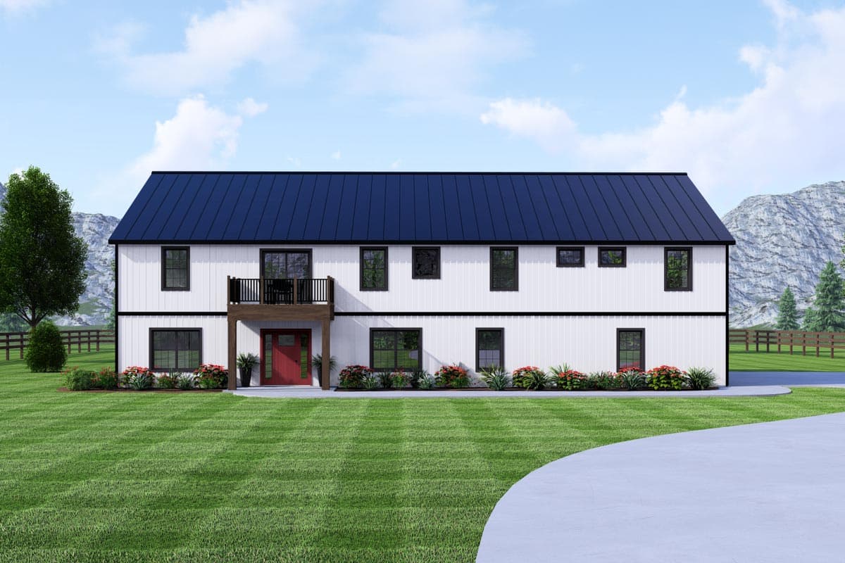 House plan exterior: Two-story modern farmhouse with dark metal roof, central red door, second-story balcony, and white vertical siding.