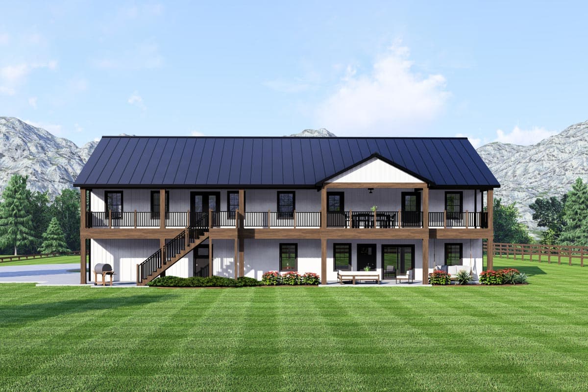 House plan exterior of a two-story Modern Farmhouse with a dark metal roof, wraparound porch, and a central gable.