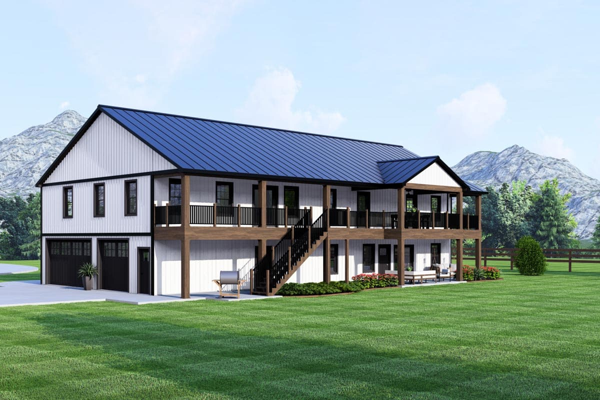 Modern farmhouse house plan exterior with two stories, metal roof, wraparound porch, and attached three-car garage.
