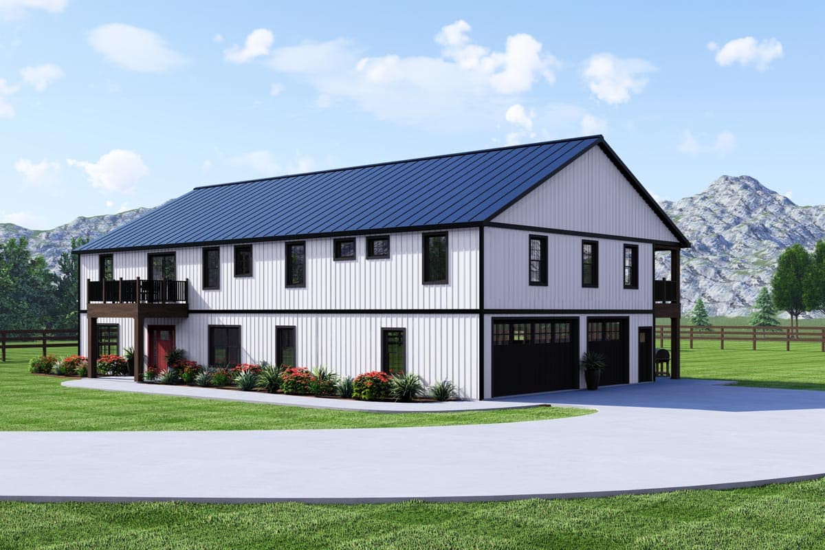 House plan exterior: Two-story modern farmhouse with white vertical siding, blue metal roof, multi-pane windows, and a three-car garage.