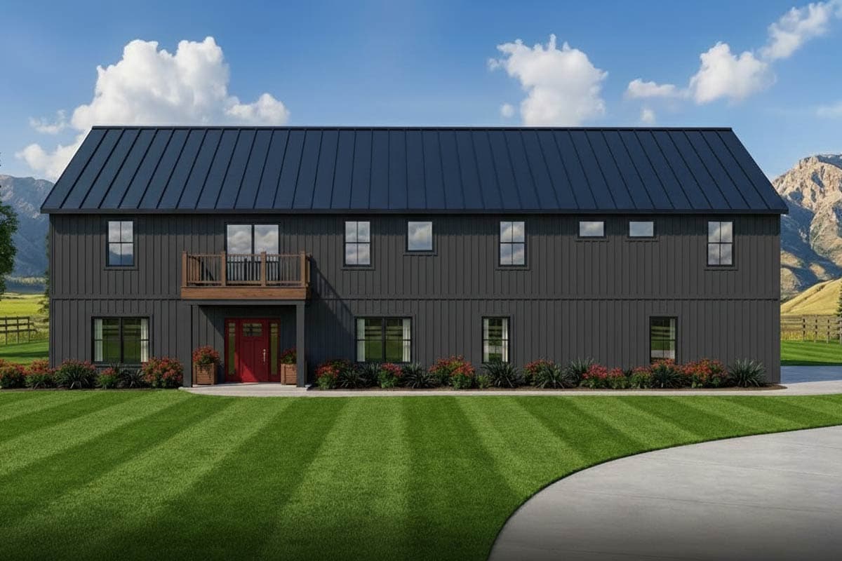 House plan exterior: Two-story modern farmhouse with dark metal roof, central red door, second-story balcony, and white vertical siding.