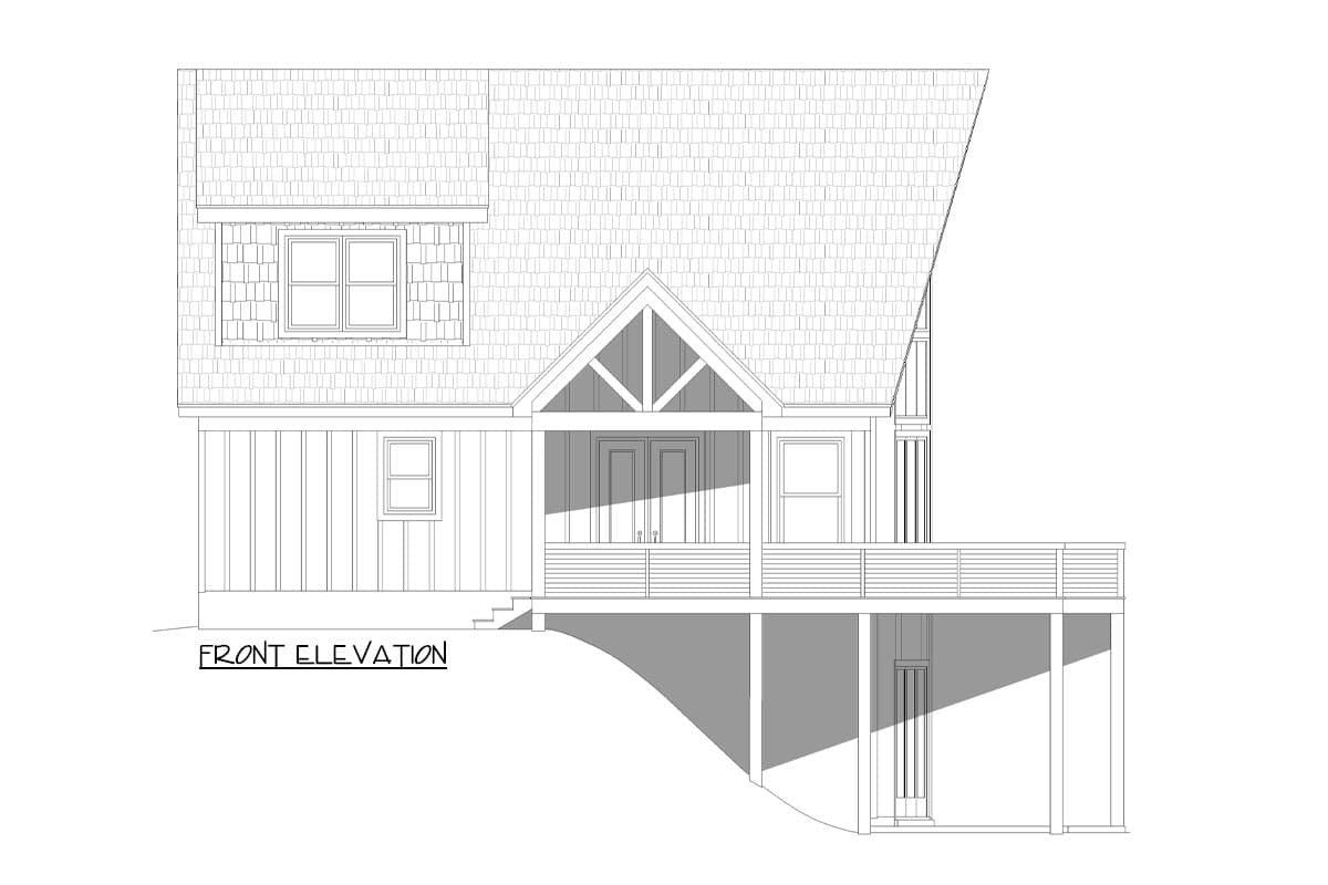 Front elevation drawing of house with gabled entry, porch, dormer, and multi-level rooflines.