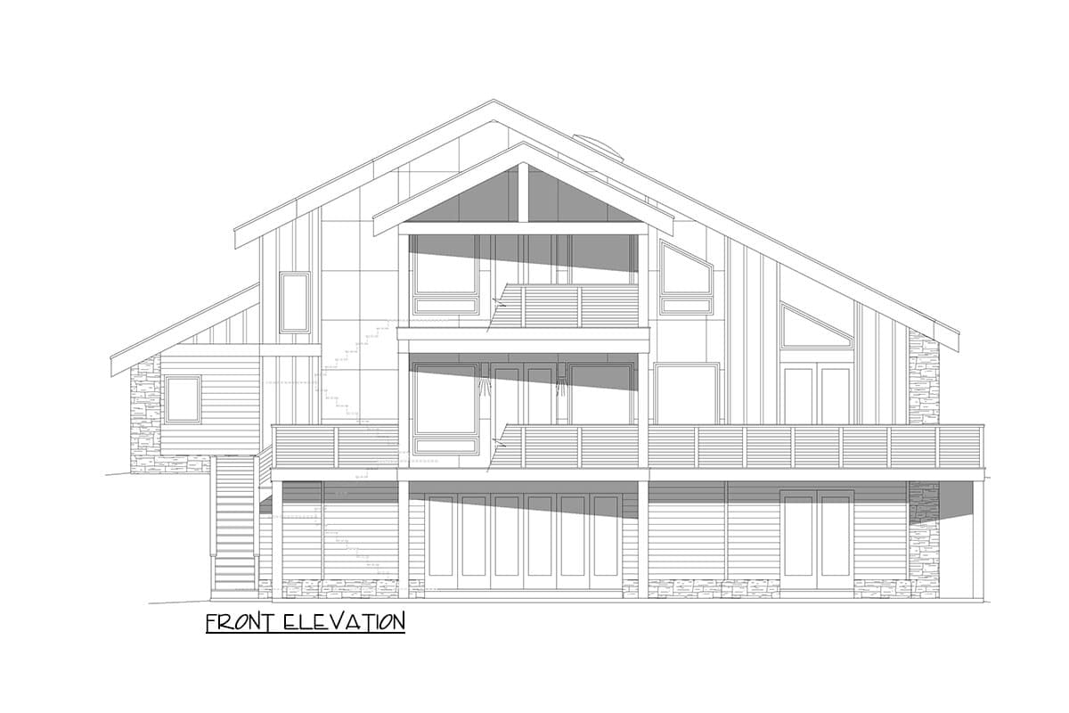 Front elevation drawing of a multi-story house with a sloped roof, balconies, and varied window designs.