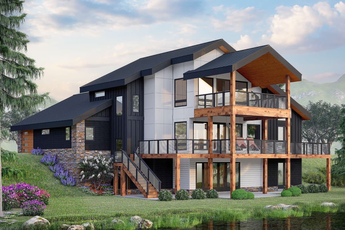 House plan exterior featuring a two-story Modern style with multiple balconies, a shed roof, and wood and stone accents.