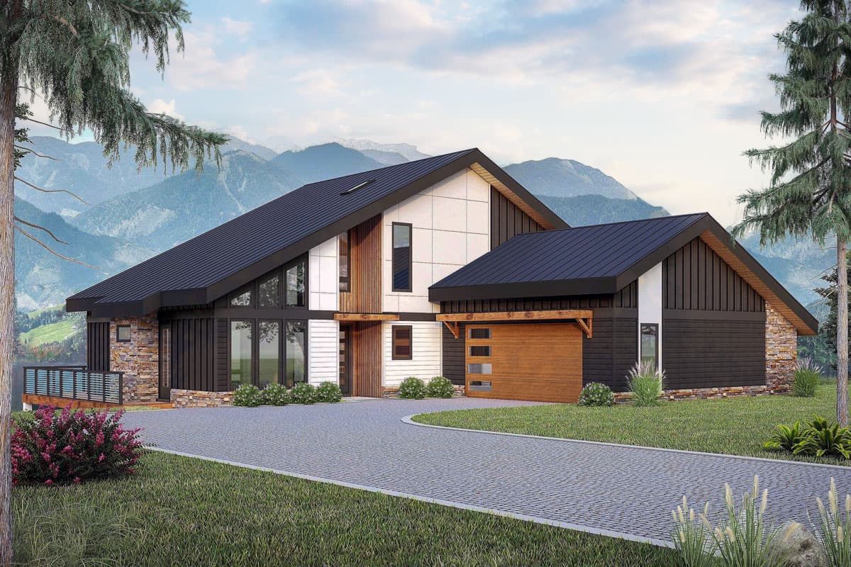 Modern house plan exterior with angled rooflines, stone accents, large windows, and a wooden garage door.