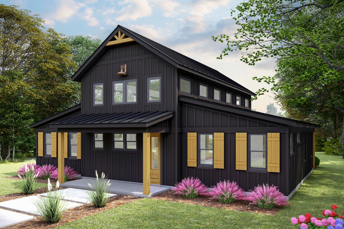 Modern Farmhouse house plan exterior, two stories, dark vertical siding, gable roof, covered porch, wood shutters.