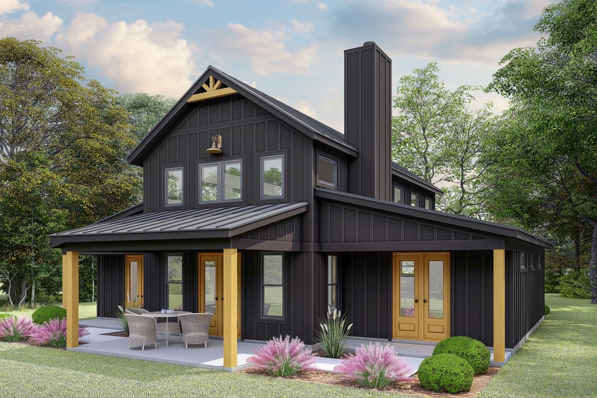 House plan exterior rendering. Two-story Modern Farmhouse with covered porch, gable roof, and vertical siding. Features a prominent chimney.