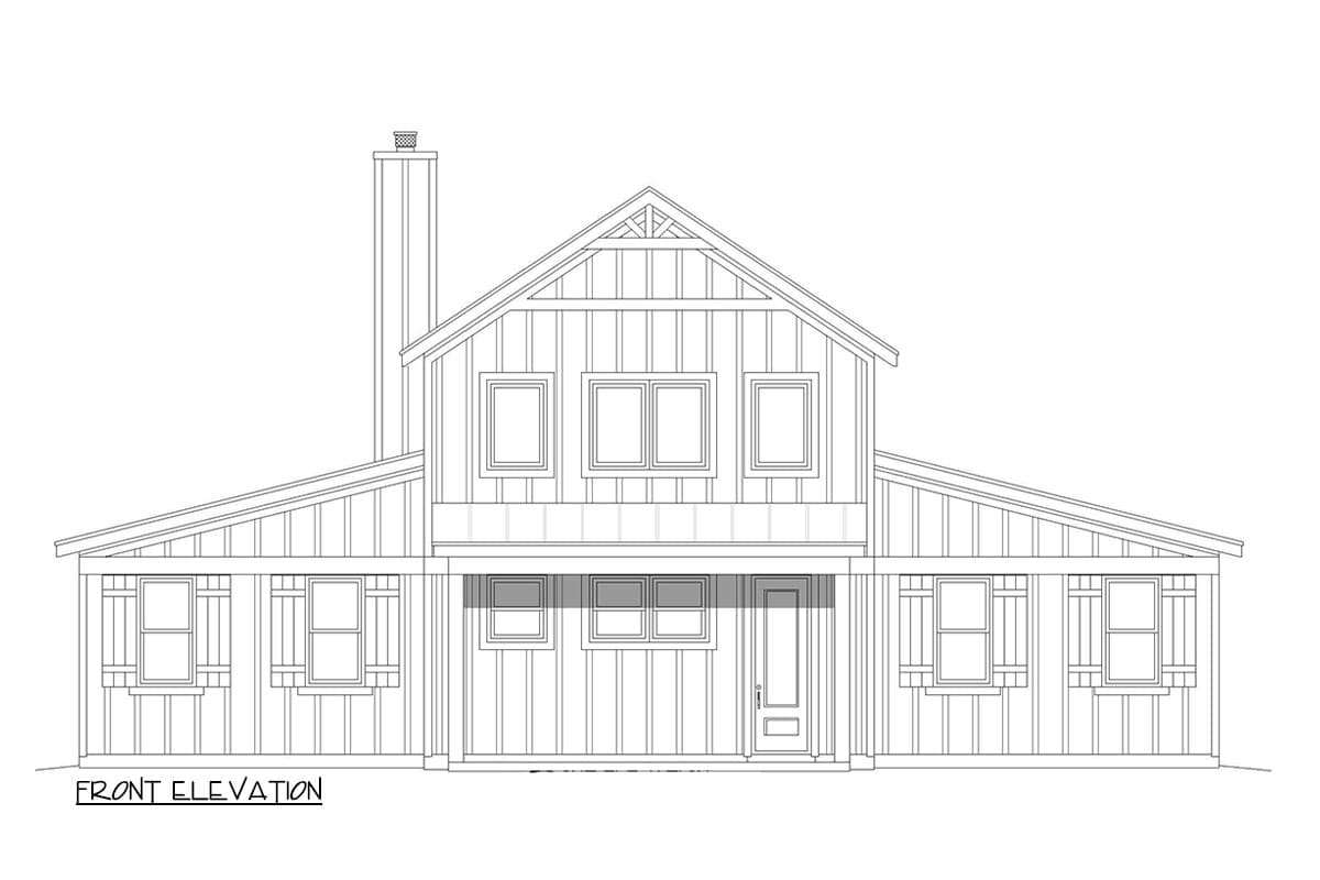Front elevation drawing of a two-story house plan with a covered porch, gable roof, and prominent chimney.